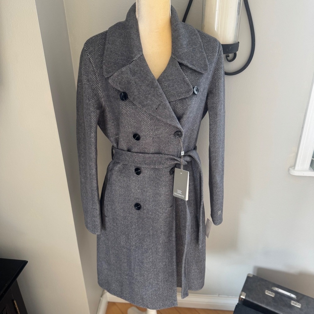Soia & Kyo Safira Double Breasted Wool Herringbone Coat, Black/Gray Medium NWT